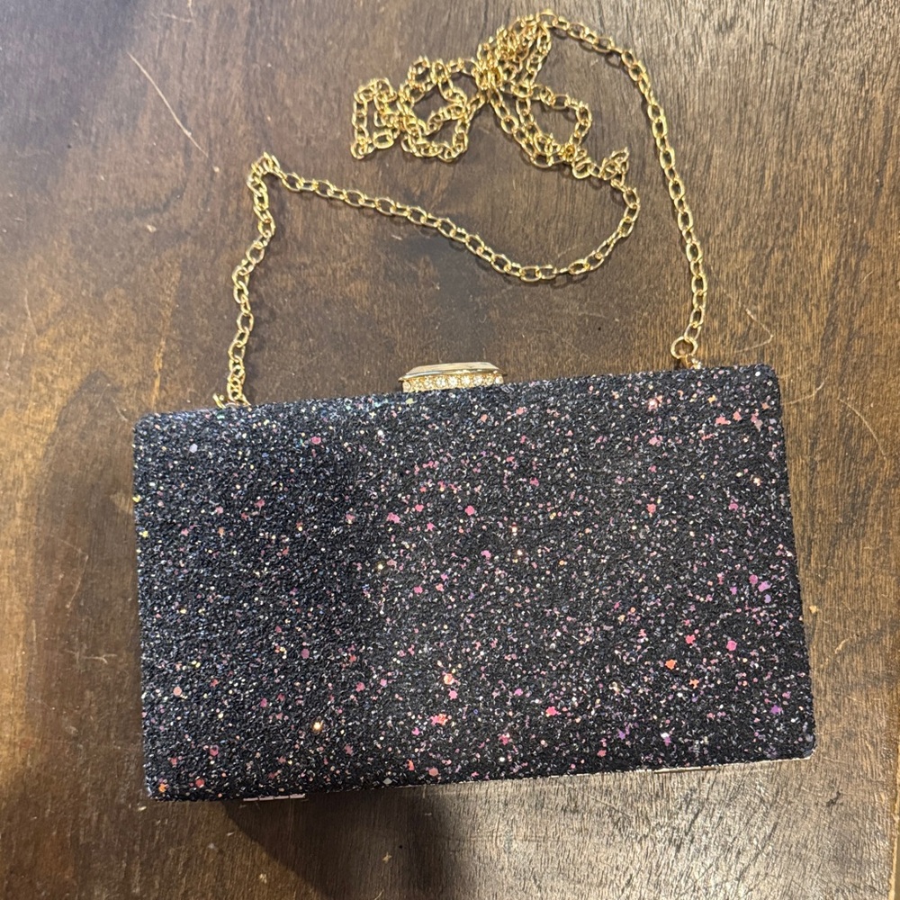 Fun Black Glitter Clutch with Gold Chain